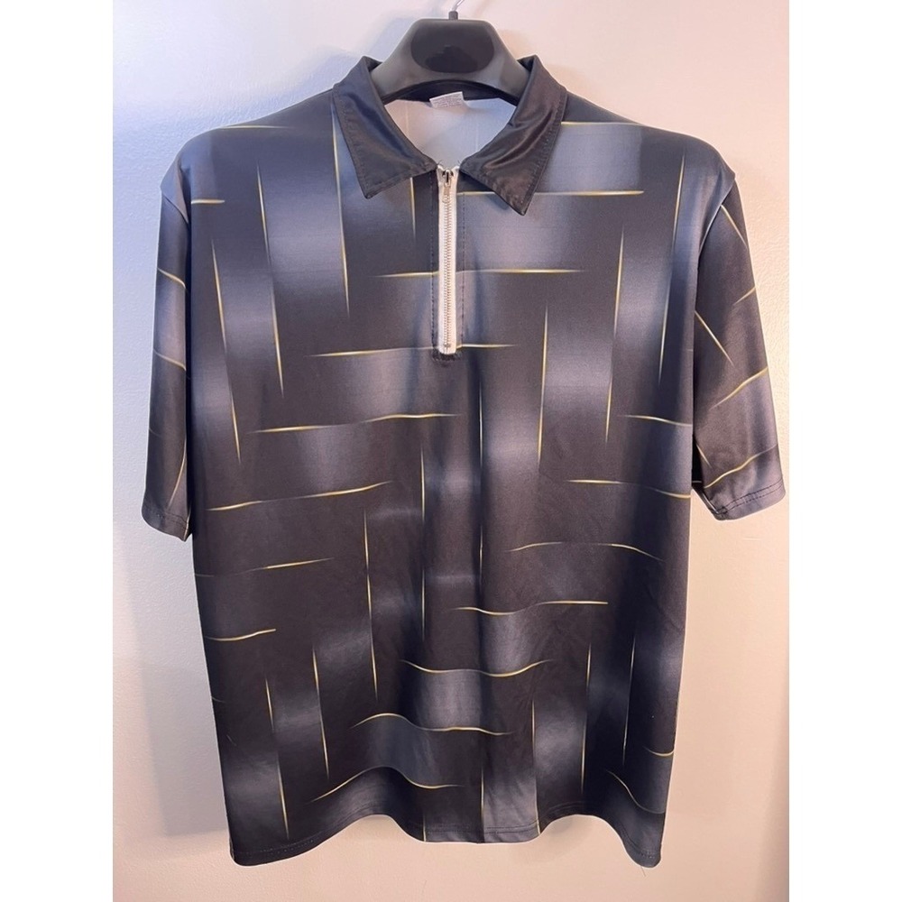 Mens 3XL Black Gray Geometric Print Short Sleeve Zipper Polo Shirt